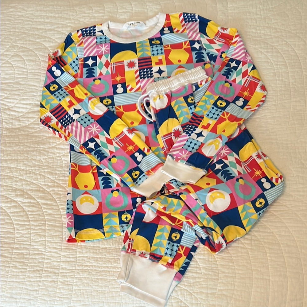 Holiday Pajama Set, Colorful Abstract Design, Arm and Leg Cuffs, Pockets. Unisex